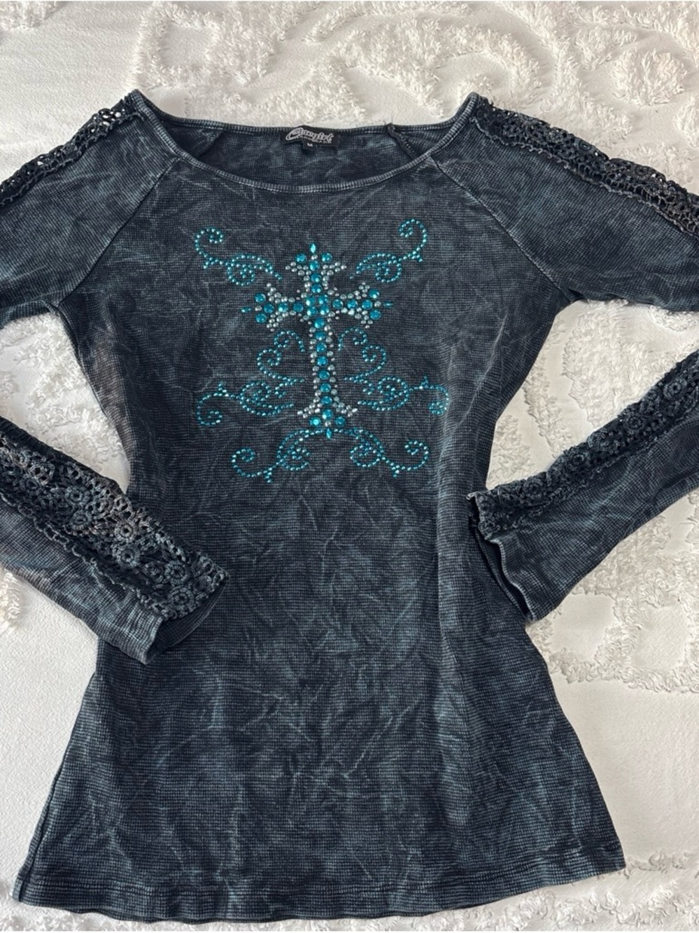 Black Washed Long-Sleeve Dress with Turquoise Stud Detail by